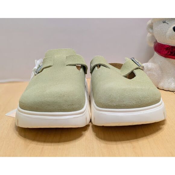 Birkenstock Papillio Boston Chunky Faded Lime Suede Leather Platform Clogs NWT - Picture 4 of 13